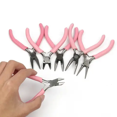 5 휴대용 핑크 금속 미니 대각선 펜치 세트 DIY 쥬얼리 만들기위한 라운드 구부러진 바늘 코 커터 공예 구슬