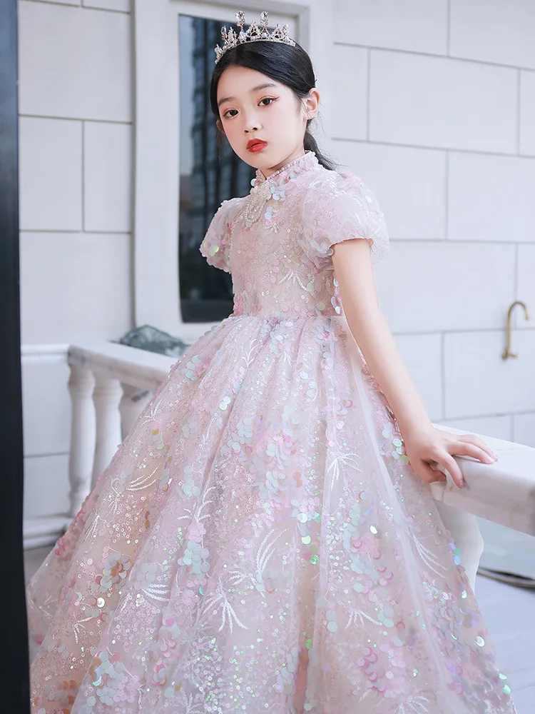 

Formal Little Girls Long Pageant Dresses Infant Girl Puff Sleeves Sequined Layered Ball Gown Children Pink Cute Elegant Vestidos