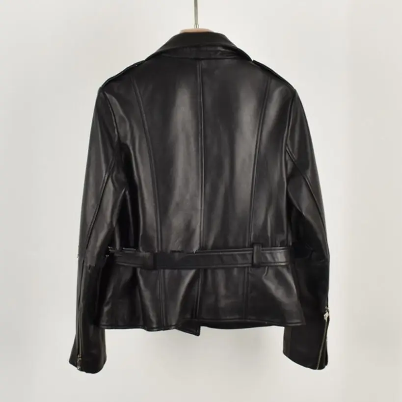 Veste de moto ceinturée à revers en peau de mouton pour femme, manteau en cuir véritable, court, automne, nouveau, 2023, Y4383