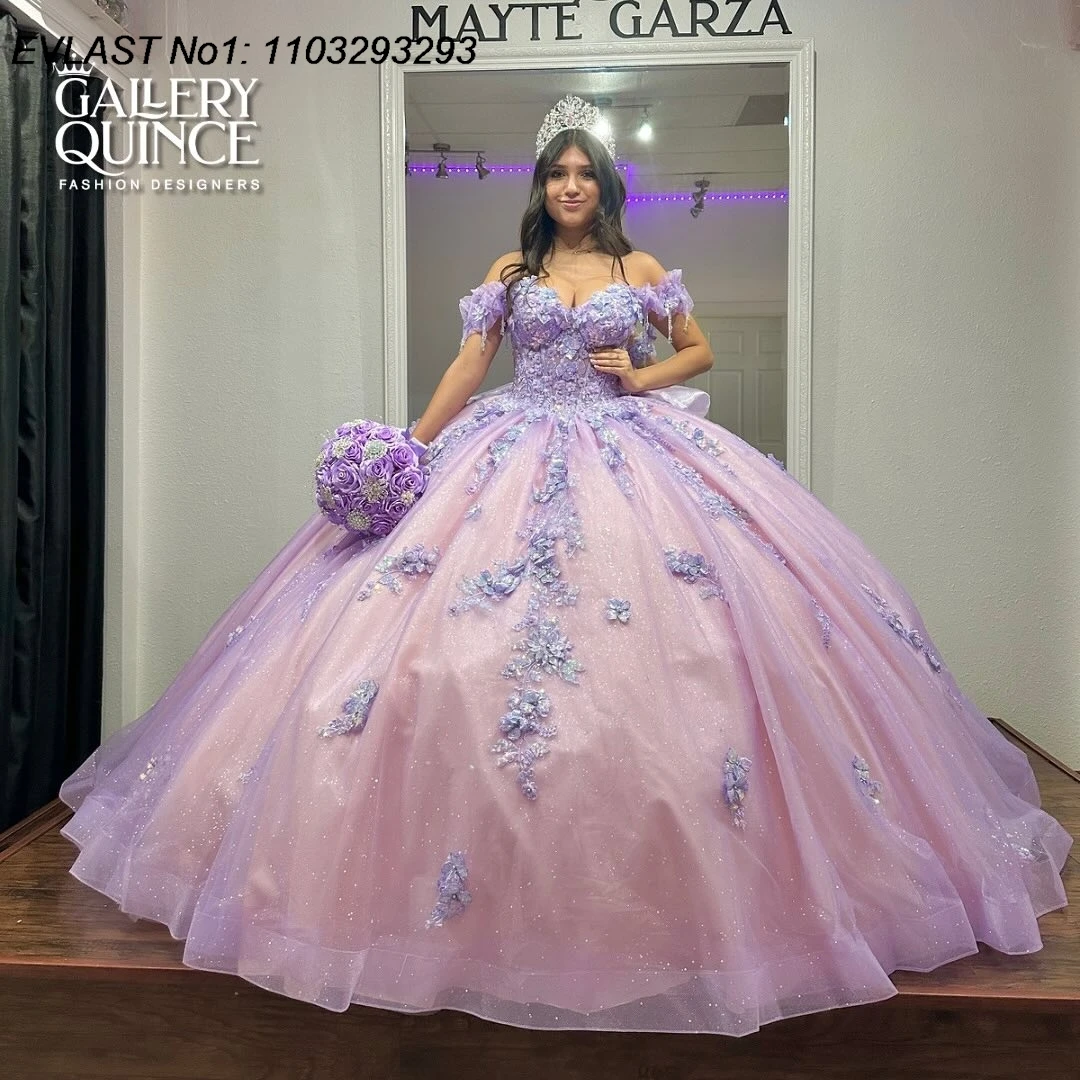 

EVLAST Customized 2025 Purple Quinceanera Dress Ball Gown Lace Applique Beading Bow Corset Sweet 16 Vestido De 15 Anos E1Q178