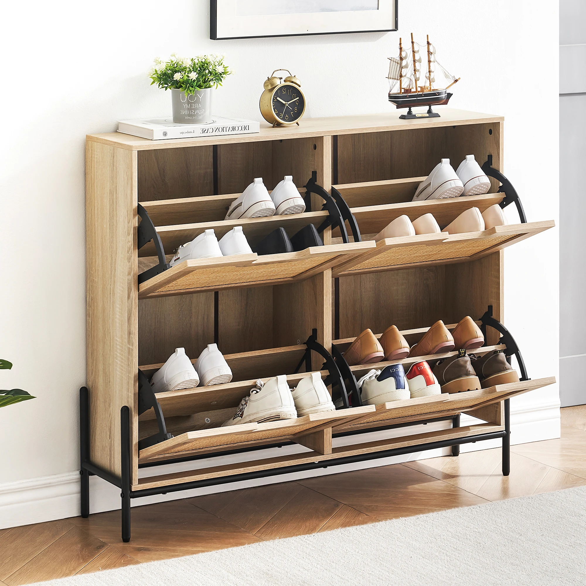 

Natural Rattan Shoe Cabinet, 2-Tier Entryway Shoe Rack with 4 Flip Drawers & Adjustable Shelves, Wood Storage Organizer