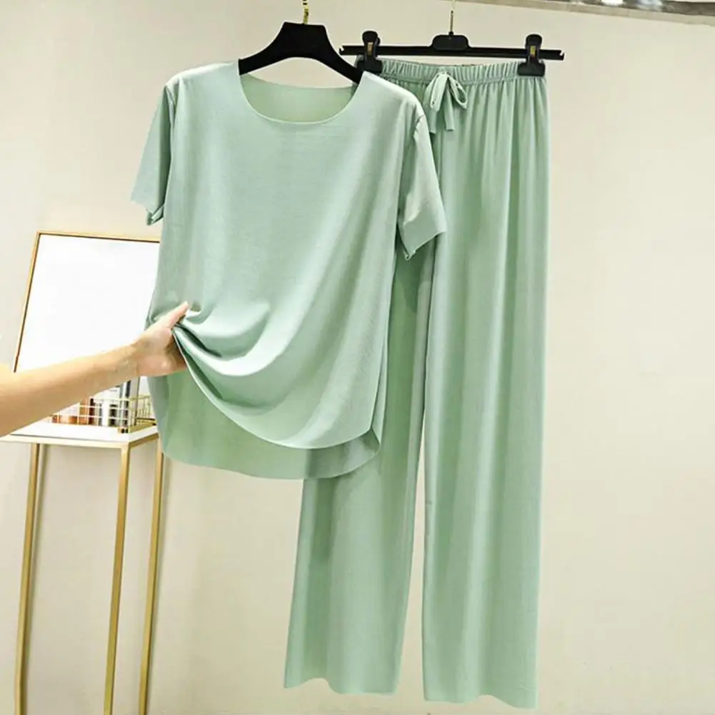 

3Pcs/Set Women Loungewear O-neck Short Sleeve Women Pajamas Set Drawstring Wide Leg Ice Silk T-shirt Pants Shorts Set Homewear