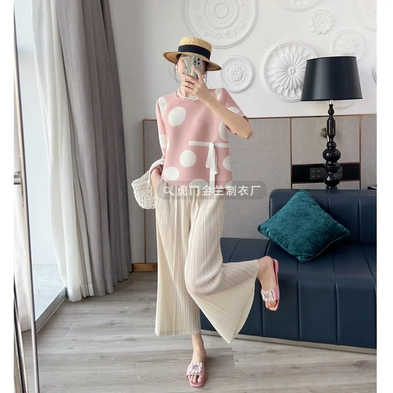 Pleats Original Pleated Polka Dot Print Tops Female Summer New Niche Design Sense Thin Inner Short-sleeved T-shirt Female