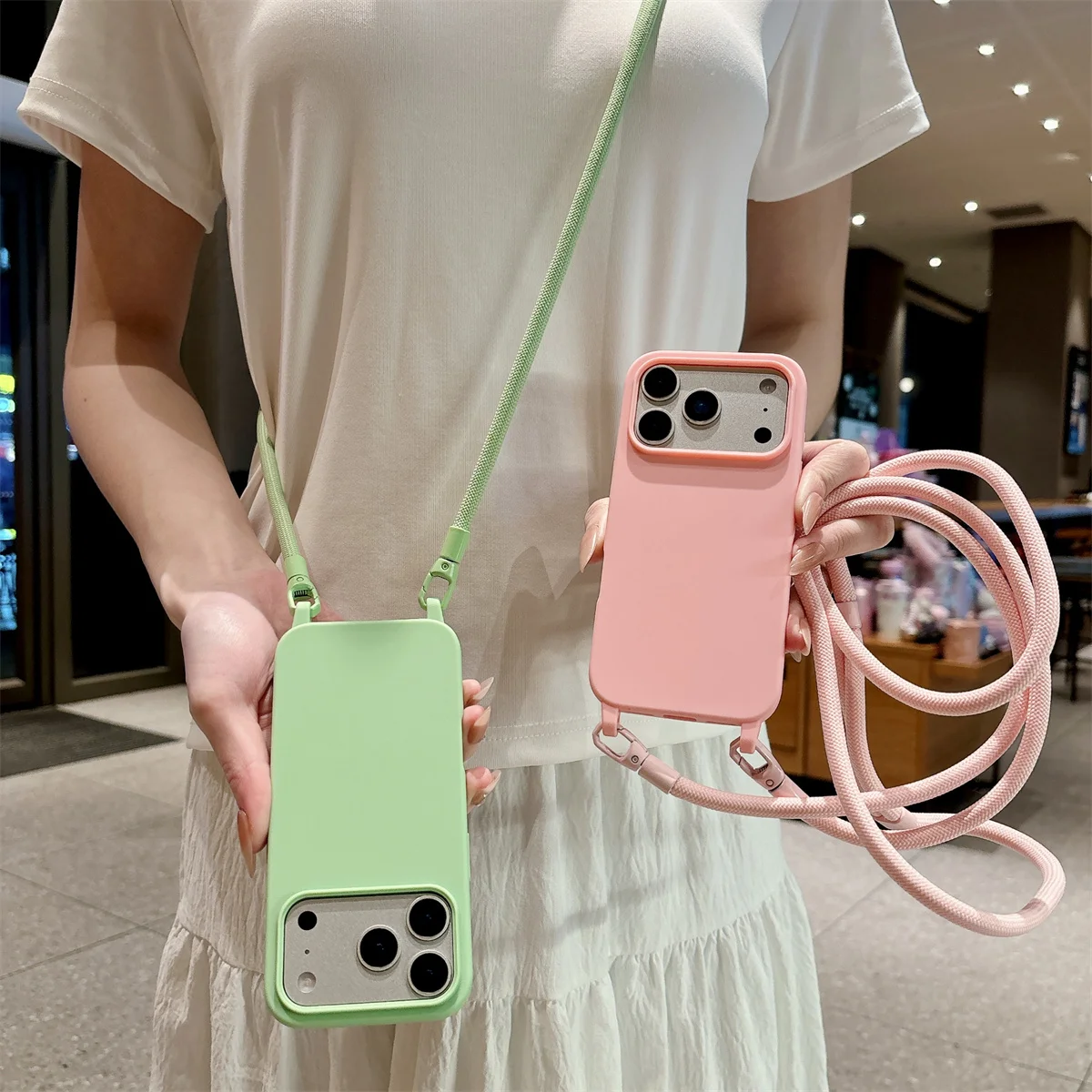 Crossbody-Lanyard-Silikon-Handyhülle für iPhone 17 Air 16 16E 15 14 Plus 11 Pro Max 13 12 Mini – Candy Color Weiche TPU-Rückabdeckung