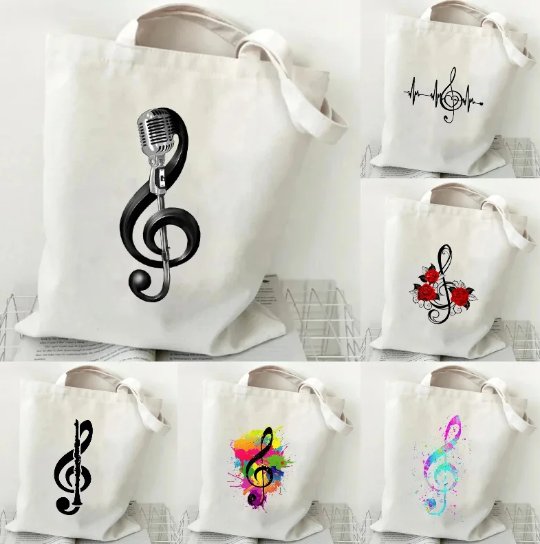 Music Note Pattern Shoulder Bag for Student Tutoring Ladies Lightweight and Foldable Large Capacity Tote Bag Canvas Bag