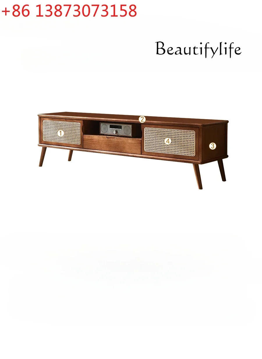 Japanese-Style Solid Wood Rattan TV Cabinet Small Apartment Living Room Floor Cabinet Integrated Wall Log Style Locker