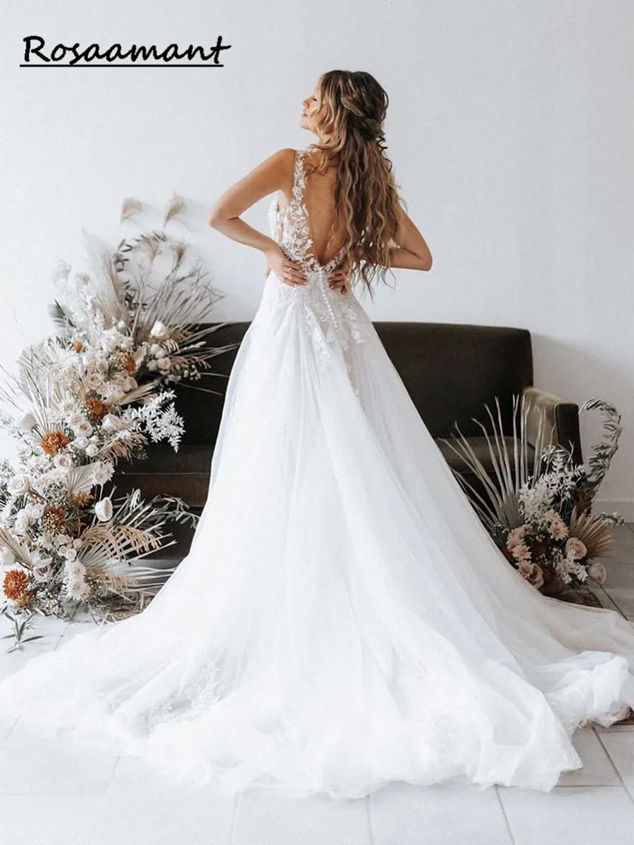 Beach Wedding Dress A-Line Boho 2023 Lace Open Back Sleeveless Bride Gown Princess Vestido De Noiva