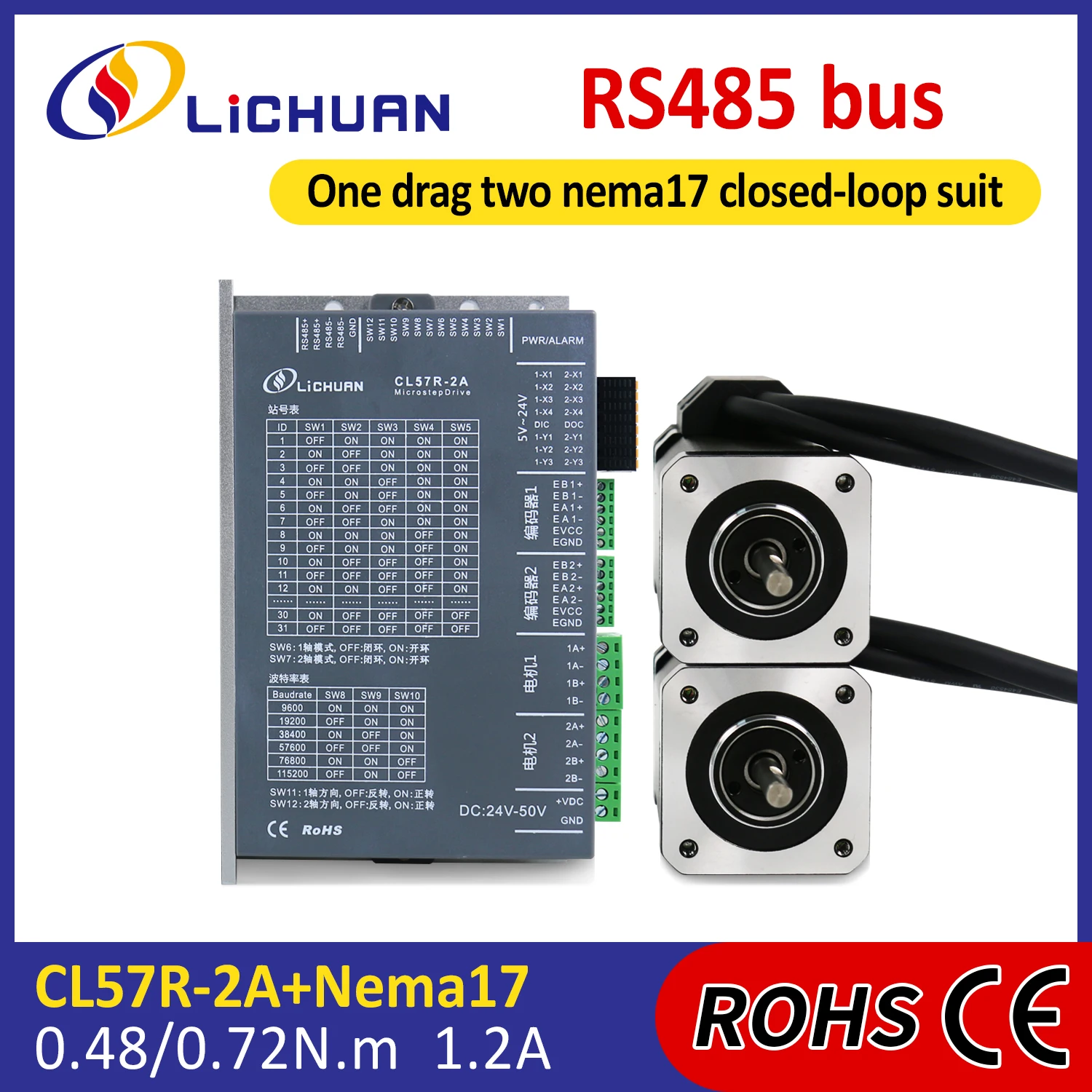 Lichuan 2 Phase Nema17 Stepper Motor Controller DC24V~50V 1.2A 1000PPR 0.48/0.72N.m 2-Axis Closed Loop Stepper Motor Drivers Kit