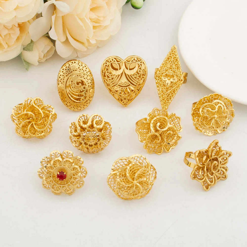 9PCS Random Rings Dubai 18K Gold Plated Flower Ring Brazilian Women Wedding Bride Jewellery Resizable Ring Jewelry Accessories