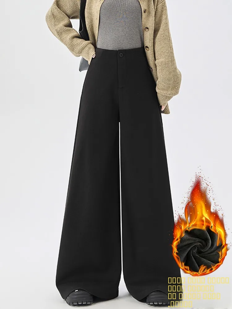 

Женские зимние повседневные брюки с высокой талией, на флисовой подкладке, широкие штанины, теплые и комфортные, осенне-зимние