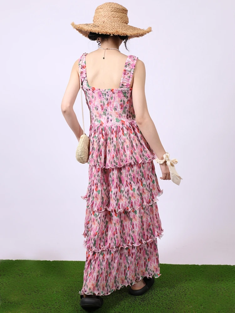 2024 Sommerferien Swing Vestidos elegantes Maxi kleid böhmischen 4-lagigen Rüschen rand rosa Blumen gedruckt Festivals Outfits Frauen