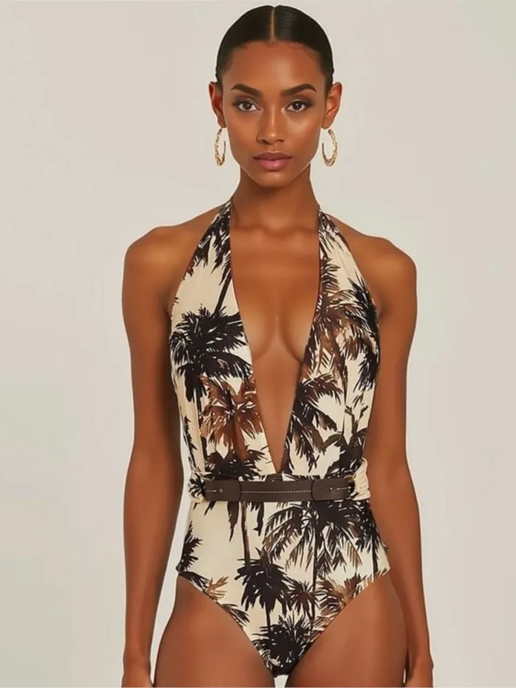 Printed Ruffle One Piece Swimsuit With Cover Up Sexy Swimwear Women Flat Belly Swim Suits Bathsuit Belt Bodysuit Beach Outing
