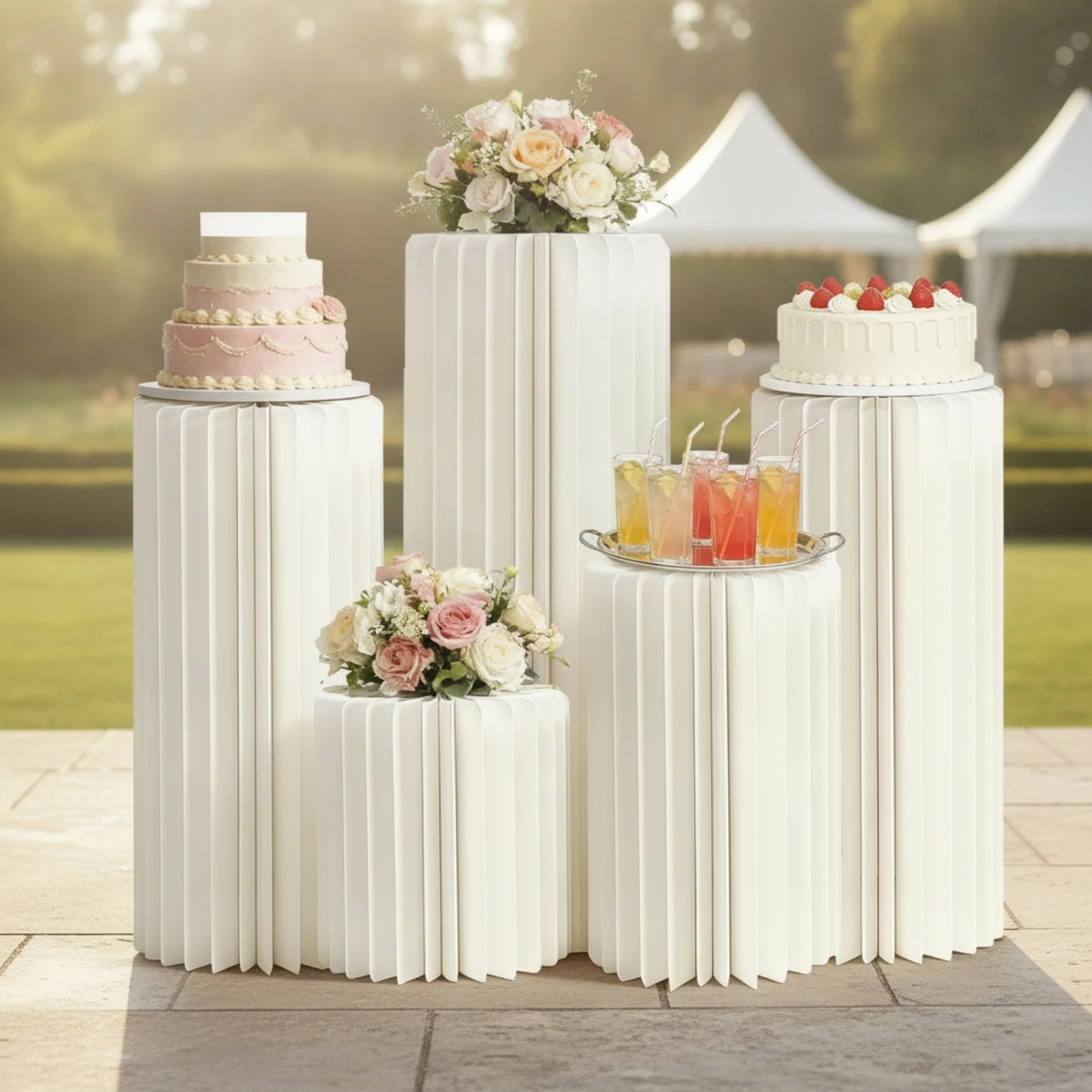 3 Pieces Foldable Paper Column with Acrylic Panels Cylindrical Honeycomb Display Column Foldable Cylinder Pedestal Space-Saving