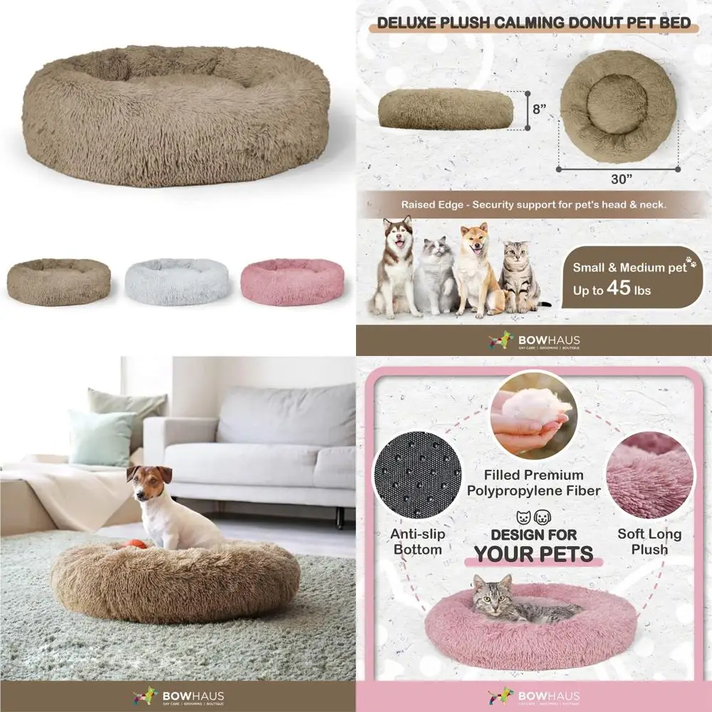 

fluffy anti-anxiety round bed with non-slip base for small to medium pets - washable