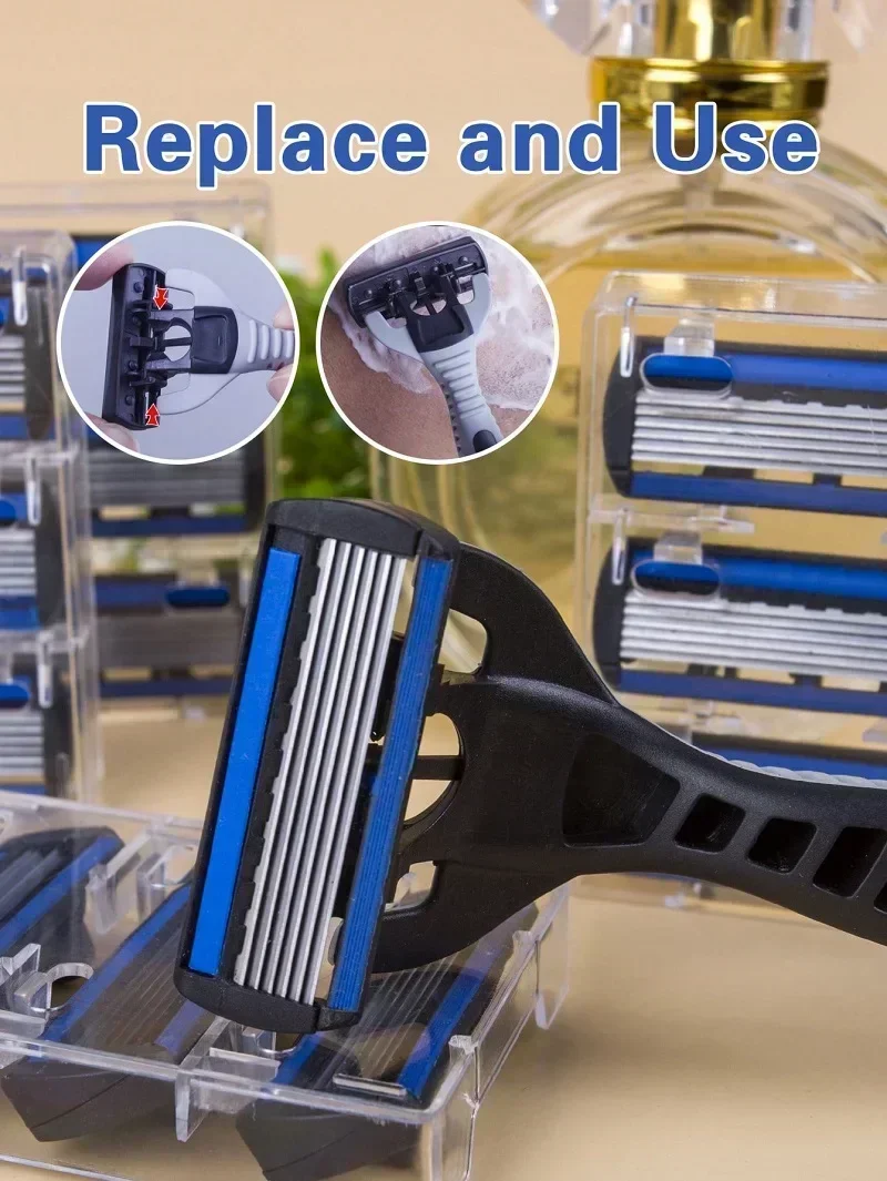 남녀공용 수동 안전 면도기, 6 겹 스테인리스 스틸 제모 면도, 교체 가능한 면도기 헤드, 핸들 1 개 + 블레이드 12 개