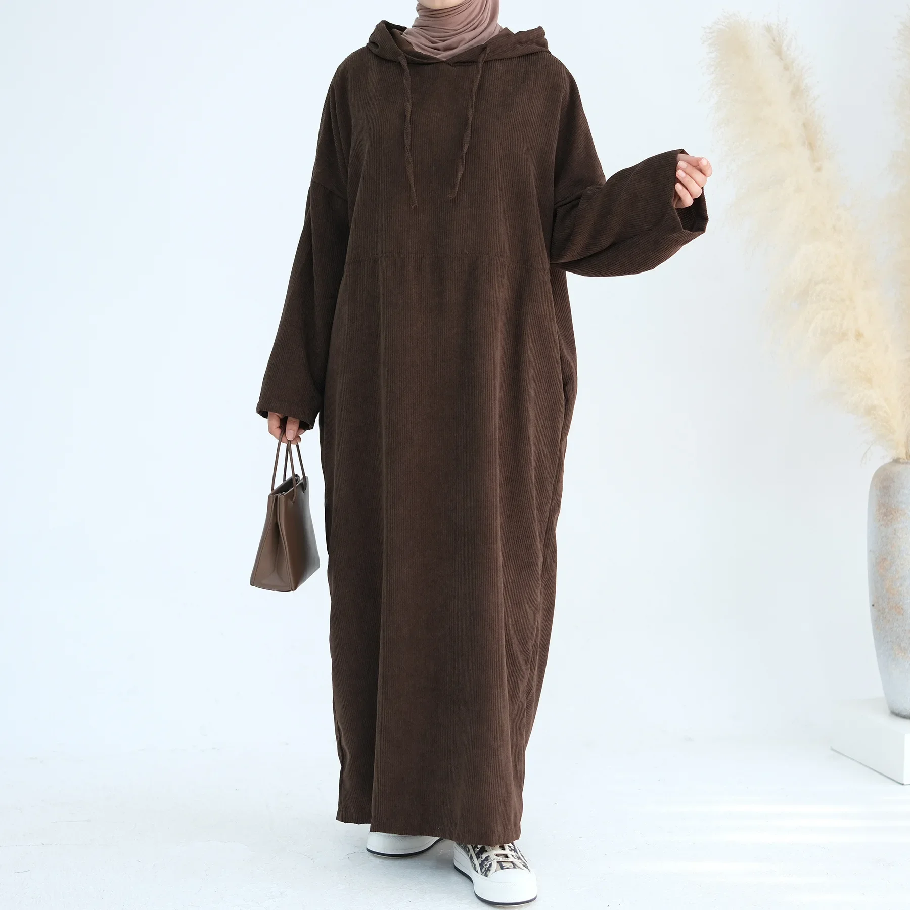 Winter Corduroy Abaya with Hat Plain Loose Muslim Dress Women Turkish Abayas Dubai Luxury Robe Ramadan Autumn Islamic Clothing