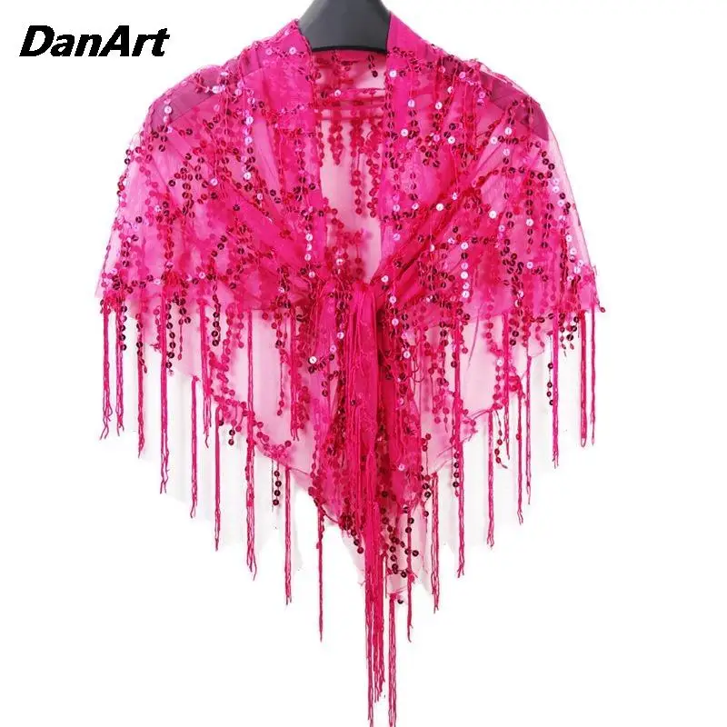 Women Shawl With Hollowed Out Tassel Camisole And Lace Up Small Outer Layer Mesh Sequin Smock Triangular Scarf  Evening Dresses