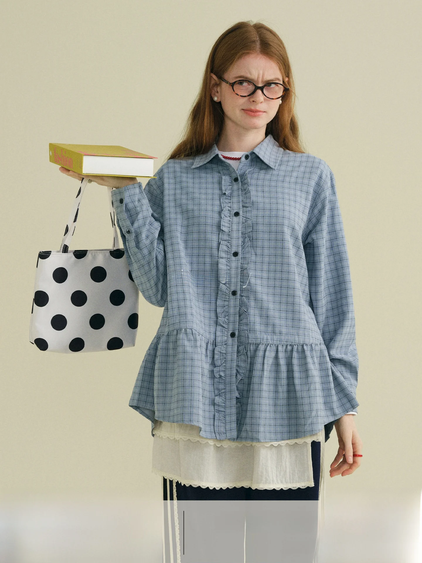 

Rina Berry Sweet Gentle Plaid Midi irt with Lace Design Loose Fit Casual Sle Women's Breathable Thin Long Sve irt