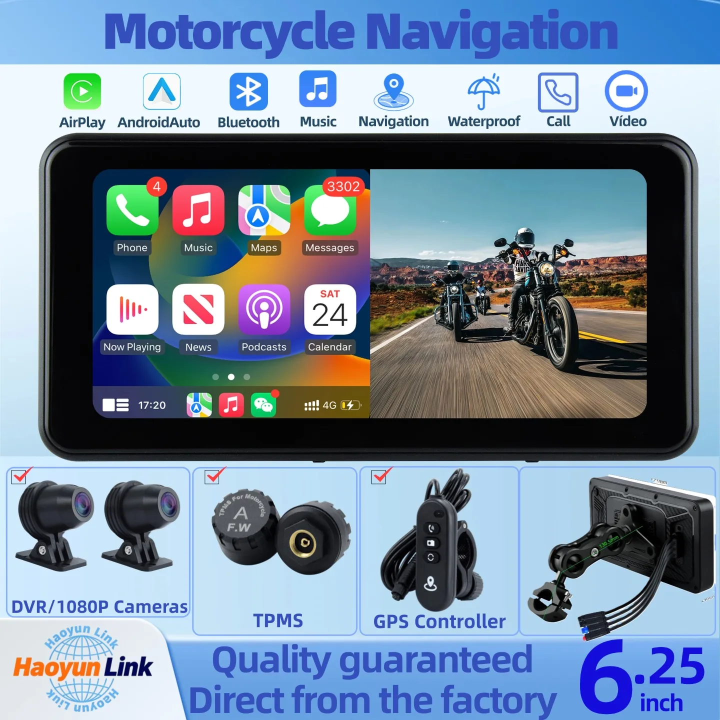 【6.25】Motorcycle Navigation Carplay,Belt Driving Recorder,Split-screen display,TPMS