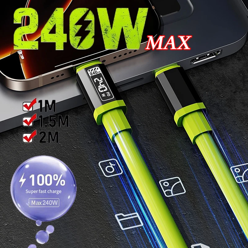 240W Silicone Cables 10A Super Fast Charging USB/Type-C To Type-C Green Thicken Cable Durable Quick Charging Cable For Xiaomi 17