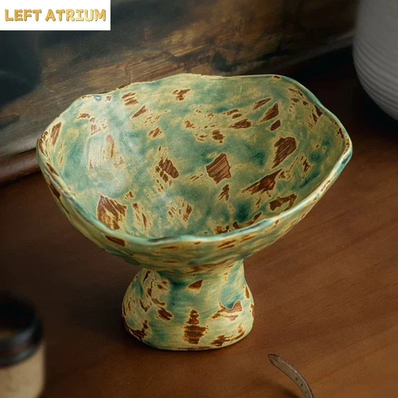 Vintage Wabi Sabi Style Irregular Ceramic Fruit Bowl Rough Pottery Pedestal Fruit Tray Home Tabletop Decor Display Ornament
