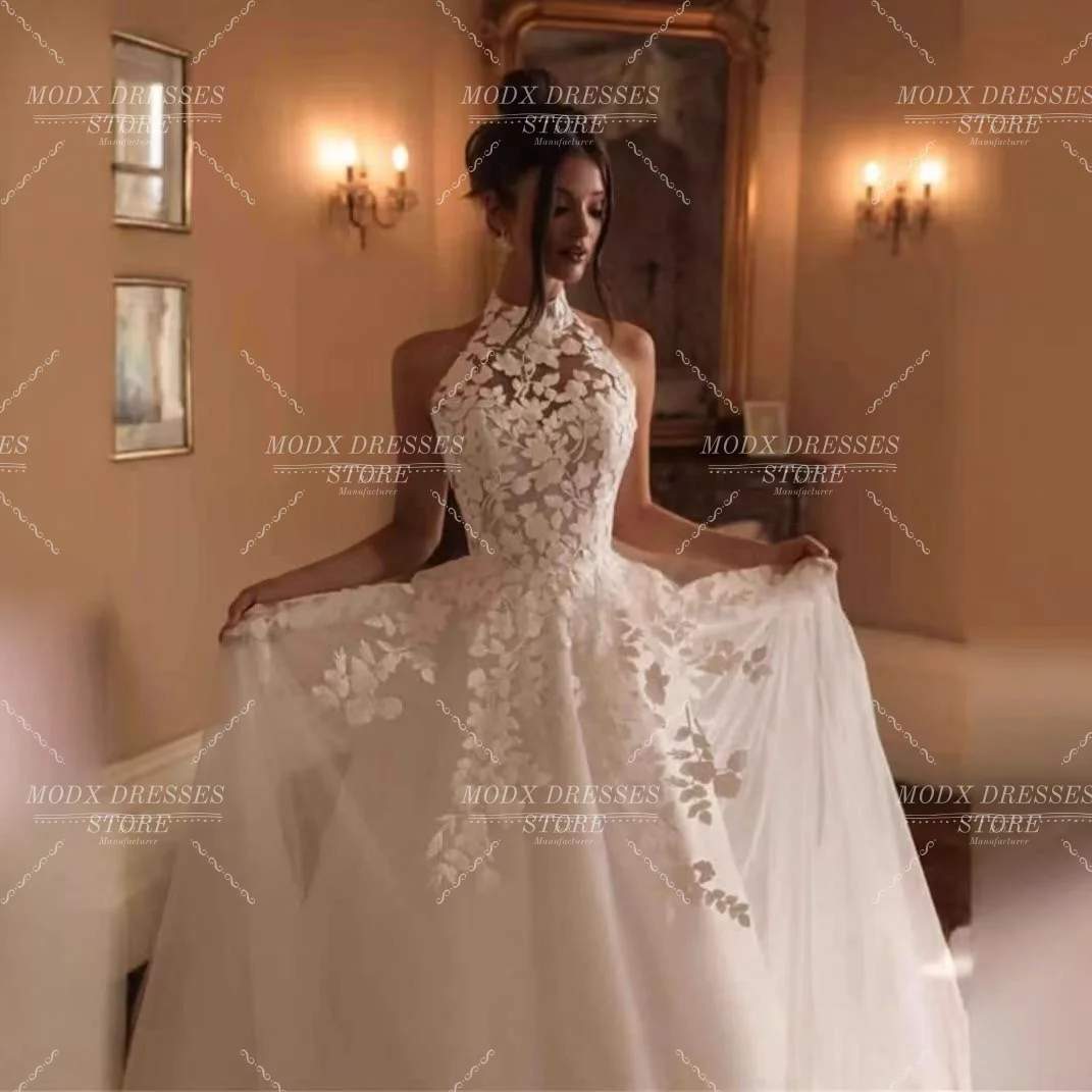MODX 2026 Luxury Appliques Halter Wedding Dress Sleeveless Bridal Gown Floor Length Customized Vestidos Novias Boda Women