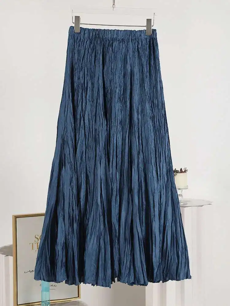 LANMREM Long Pleated Skirts For Women High Elastic Waist Solid Color Elegant Party Clothing 2025 Summer Autumn New 2DA7890