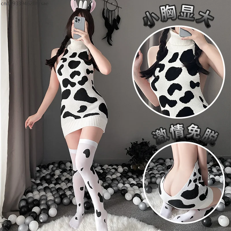 

Women Night Dress Cow Cosplay Costumes Backless Turtleneck Sweater Japanese Lolita Cute Anime Erotic Cows Outfit Sexy Lingerie