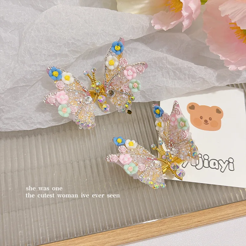 Sweet Cute Will Move The Butterfly Hair Clips Girls Princess Stereoscopic Rhinestone Pairs Clip Baby Hair Cards Hair Accessories