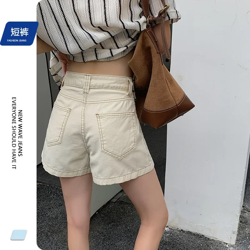 Celana Pendek Denim Pinggang Tinggi Rasa Desain, Celana Kaki Lebar Longgar Fashion Baru Musim Panas Wanita, Jeans Pendek Kaki Lurus Kasual untuk Wanita
