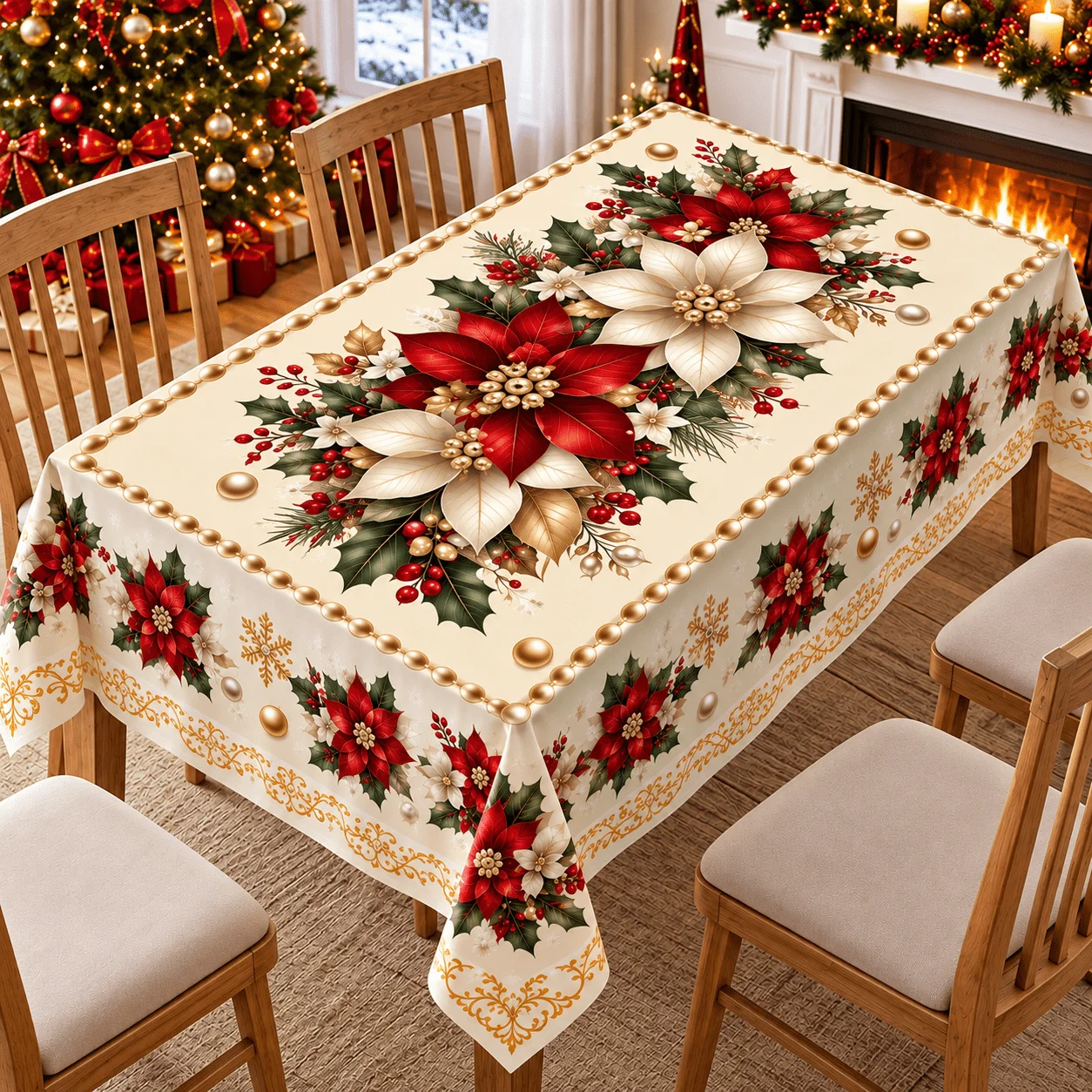 1 square tablecloth, Christmas explosion red and white Christmas flower pattern polyester tablecloth, gold pattern decoration