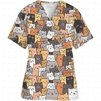 女性用イースターデイナースユニフォーム、漫画プリント、半袖、Vネック、作業用弾性作業服、医療用スクラブ、介護用ユニフォーム