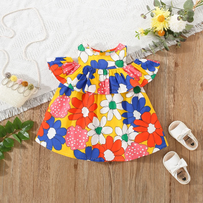 Summer Fashionable Sweet Floral Printed Sleeveless Baby Girl Dress Cotton Comfortable Soft Breathable Crew Neck Baby Girl Dress