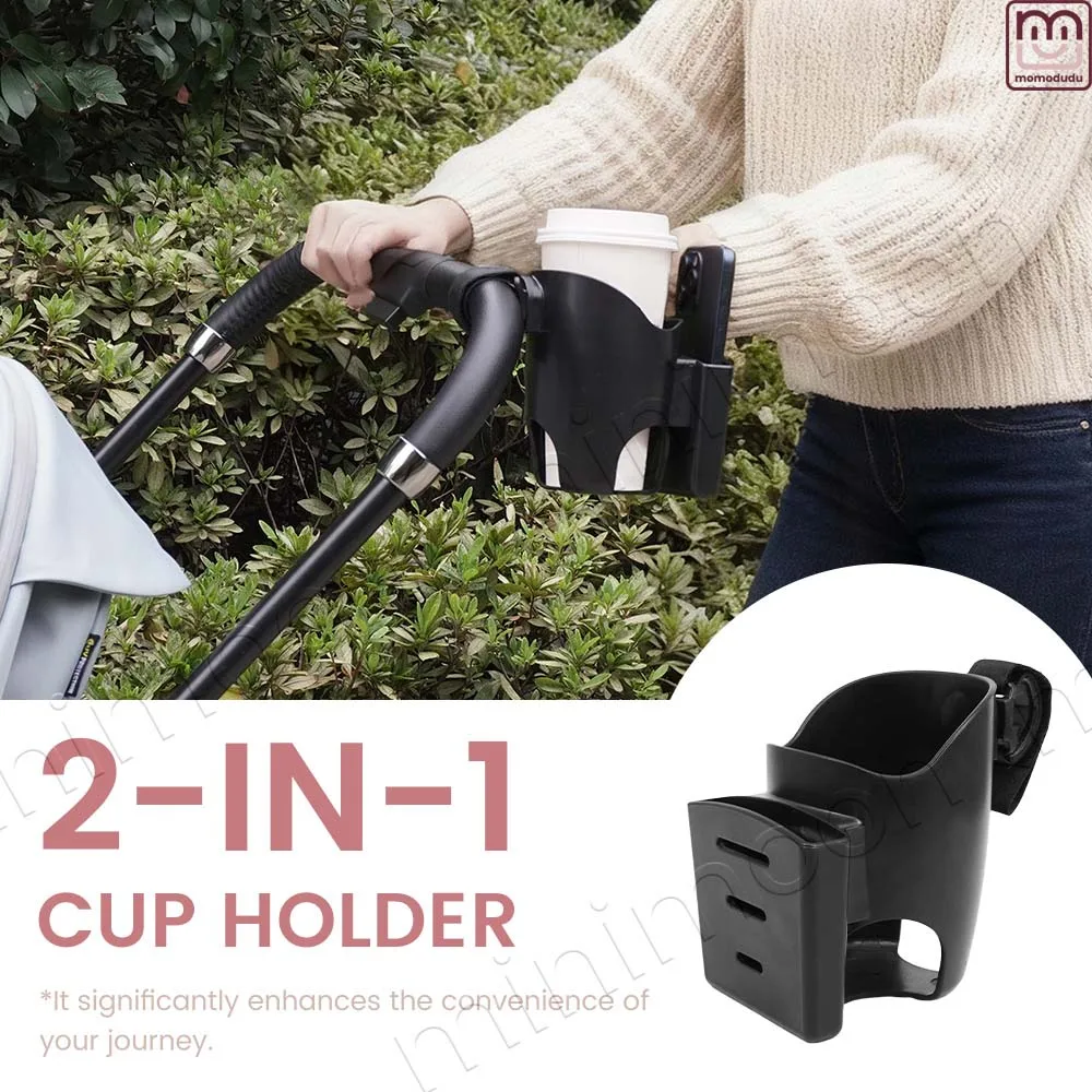 

2-in-1 Universal Stroller Cup Holder, ABS Caddy with Phone Slot & Water Bottle Support for Most Prams