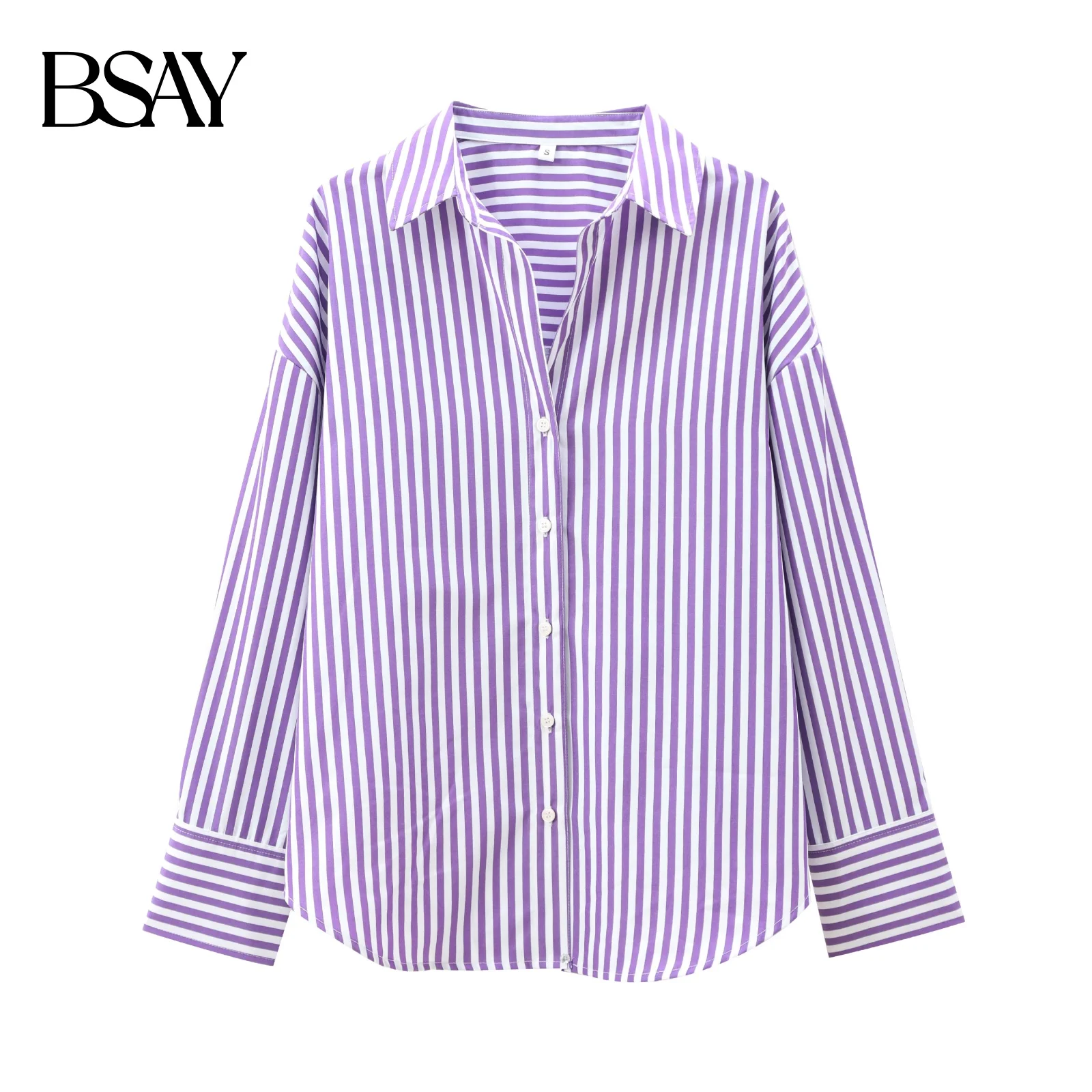 BSAY المرأة موضة جديدة شريطية الأساسية البوبلين كم طويل واحدة الصدر التلبيب بلوزة الشارع الملابس قميص شيك السيدات