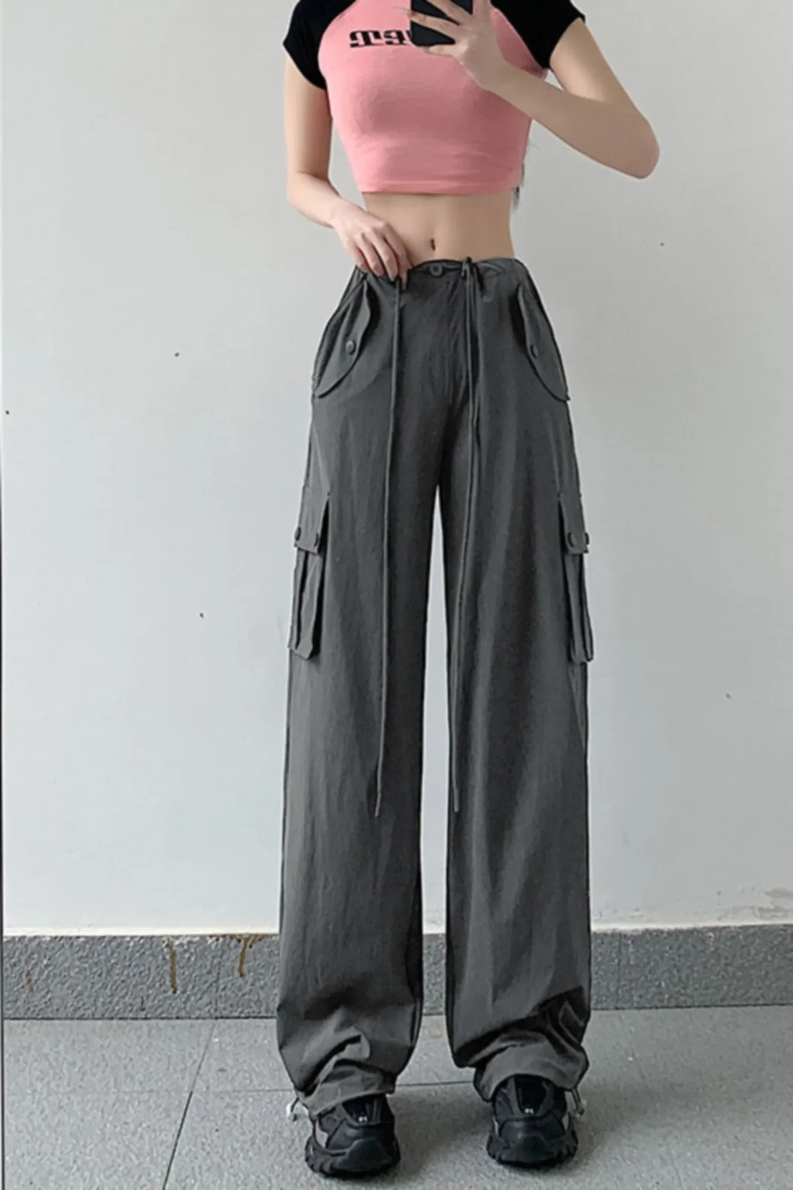 Y2K Pocket Baggy Cargo Pants for Women, Loose Trousers, Wide Leg, Pink Campus Female, Green, Grey, Black