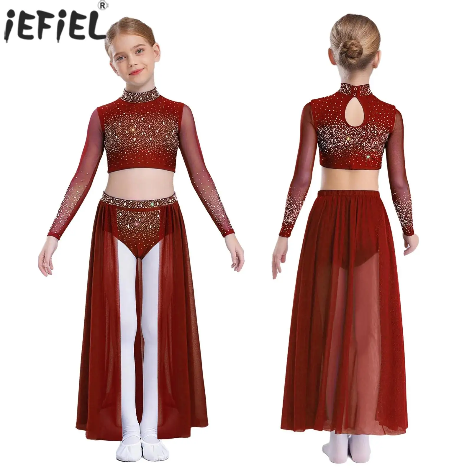 Girl Modern Lyrical Dance Costume Long Sleeve Rhinestones Crop Top Sheer Mesh Skirt Ballet Figure Skating Contemporary Dancewear