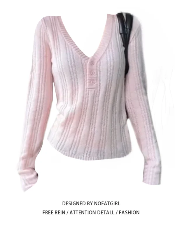 

plus Size Pink Knitted Sweater Women's Slim Fit Long Sve V-Ne Hollow out Autumn New Sle Korean Commute Sle Faion