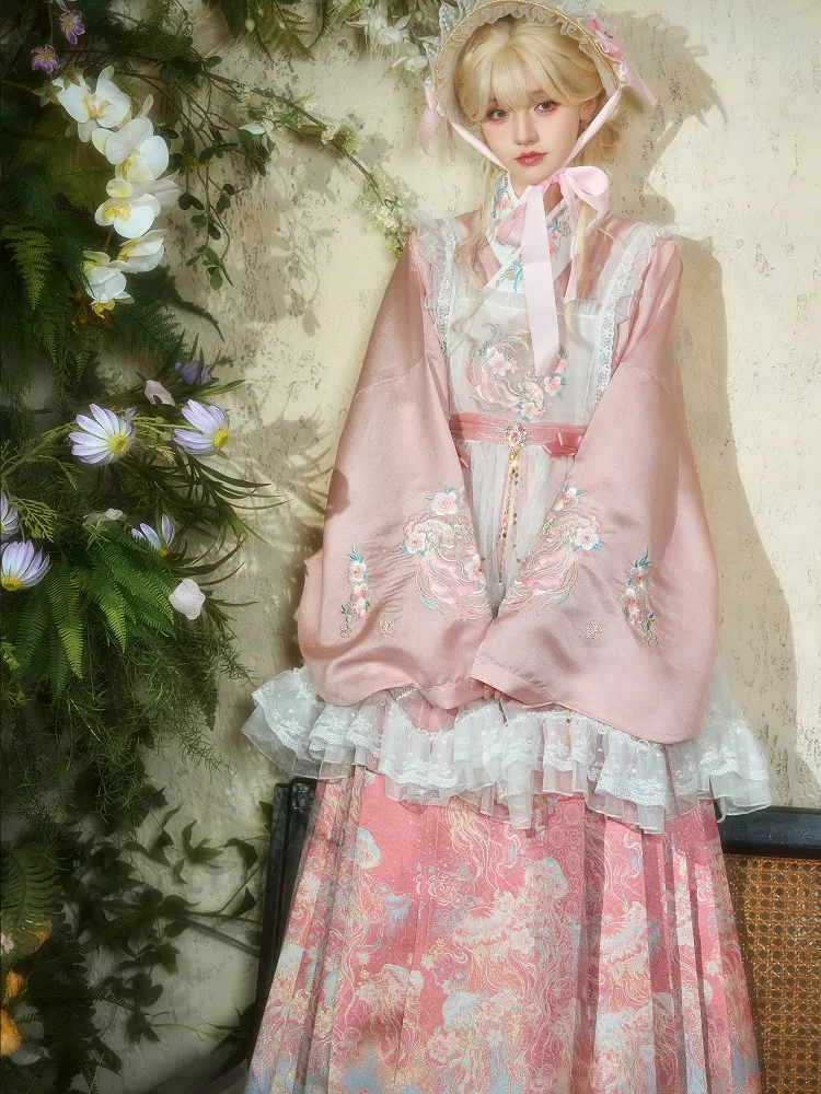 Han‑y Fusion Hanfu Set Pink Ming Style Horse Face Skirt Lace Overlay Skirt Embroidery Blouse Vintage Cosplay Costume