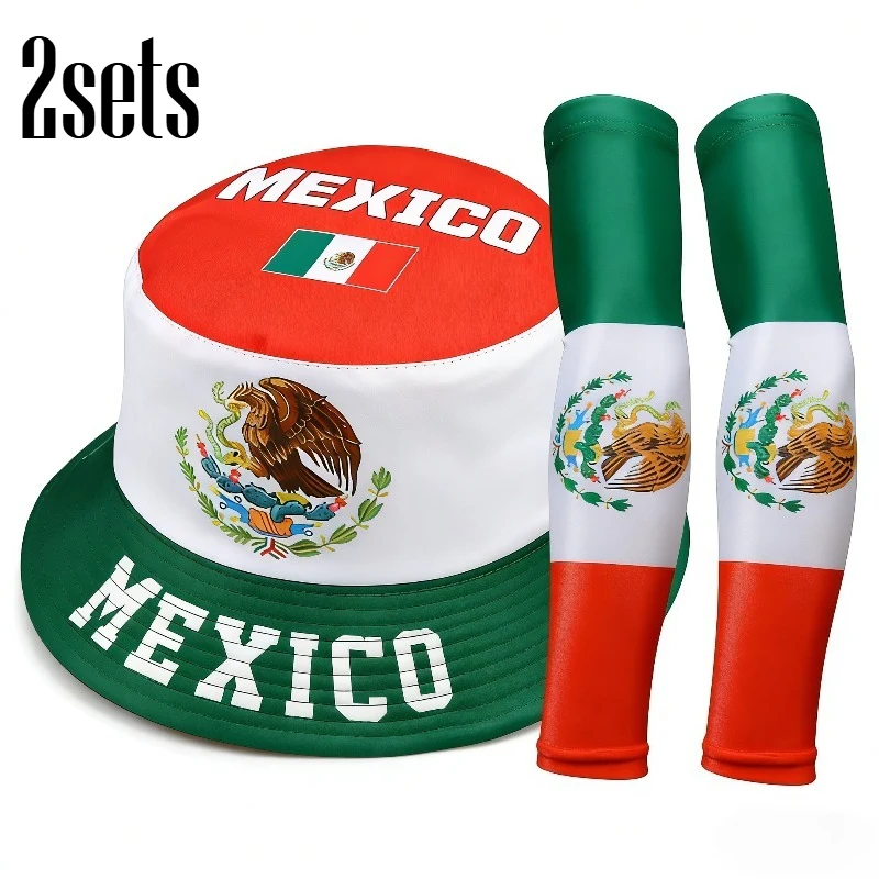 3pcs/Set 2026 Soccer Tournament USA Mexico Flag Fisherman Hats with Cheer Arm Sleeves Fan Parties Game Outfits Unisex Dressing