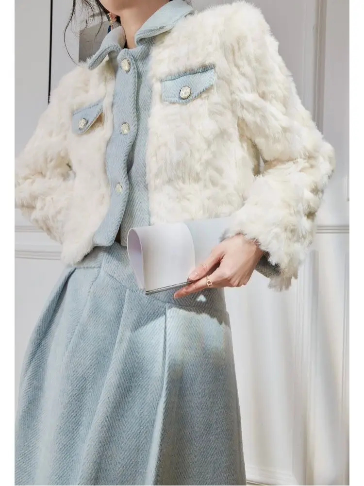 

Winter Popular Style Lamb Wool Thickened Coat Women's Short Style Petite Fur Splicing Cardigan Top