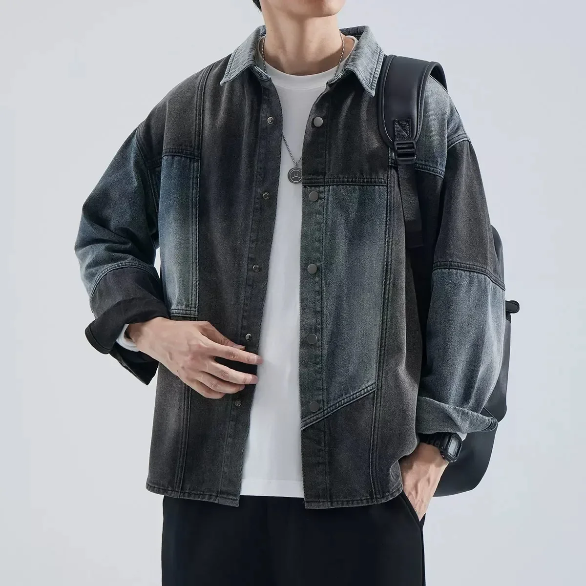 سترة الدنيم الأمريكية الرجعية تقسم، الرجال الربيع والخريف العلامة التجارية الجديدة العصرية فضفاضة عارضة قميص، الأدوات سترة أعلى