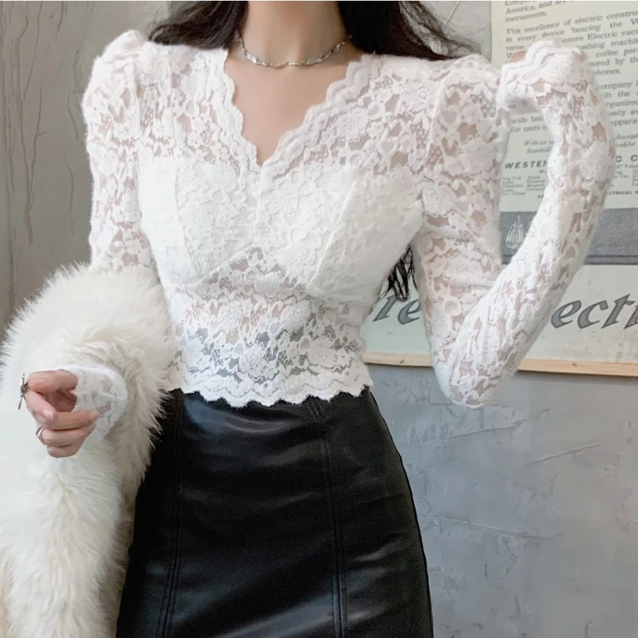 Velvet Lace Blouses Women Solid 4 Colors Autumn All-match Blusas Ropa Mujer Tops Long Sleeve Harajuku Slim Sexy Retro Clothing