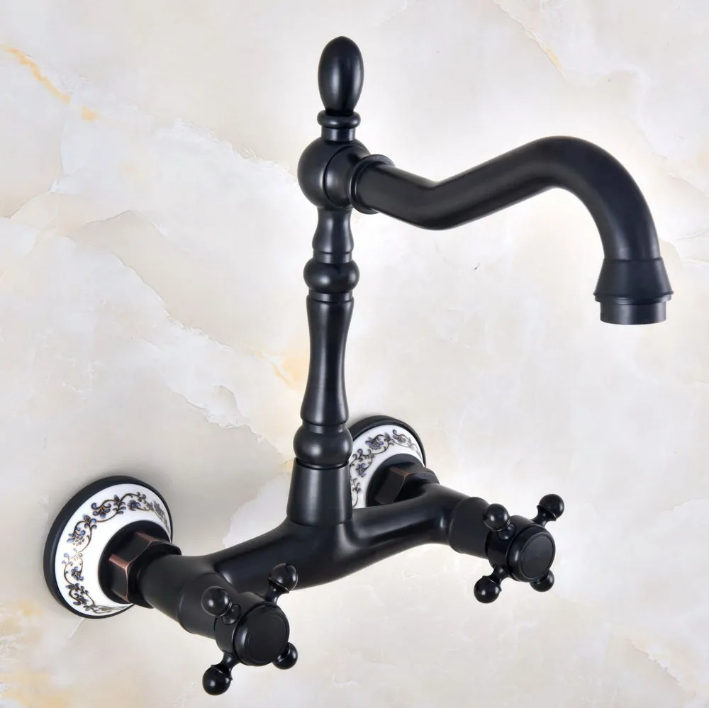 

Dual Handle Duals Hole Wall Mount Basin Faucet Oil Rubbed Bronze Kitchen Sink Faucets Bathroom Vanity Cold Hot Water Taps Dnf815