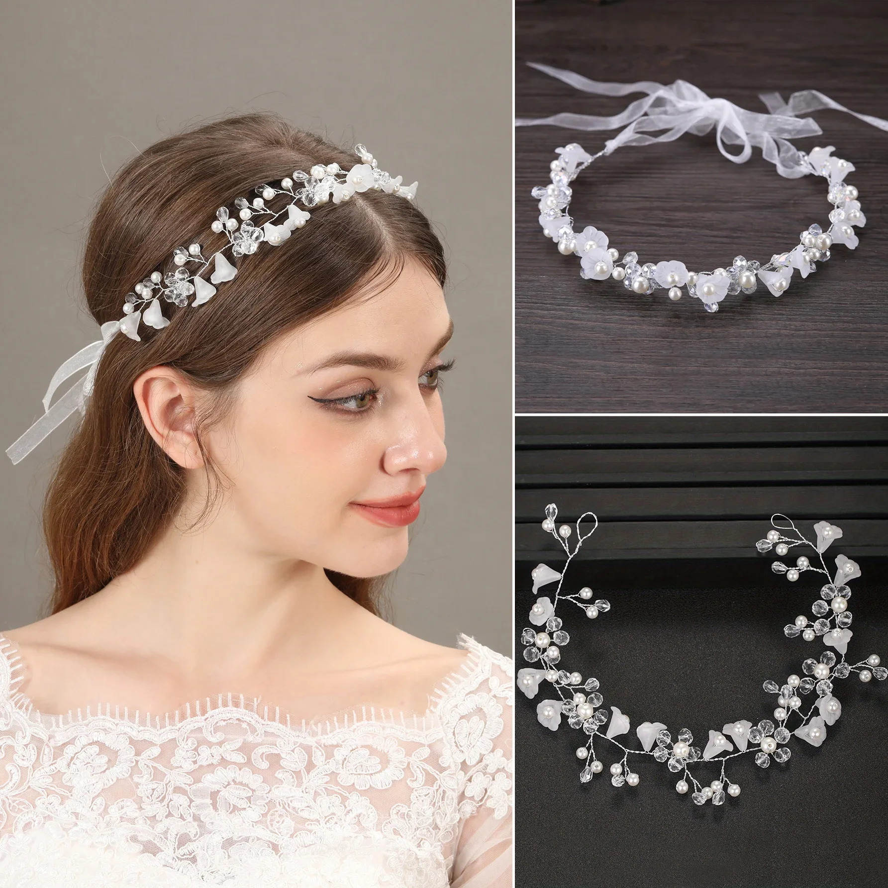 

New Fashion Crystal Hair Band Headbands for Women Girls Handmade Wedding Hair Accessories White Pearl Flower Party Tiara