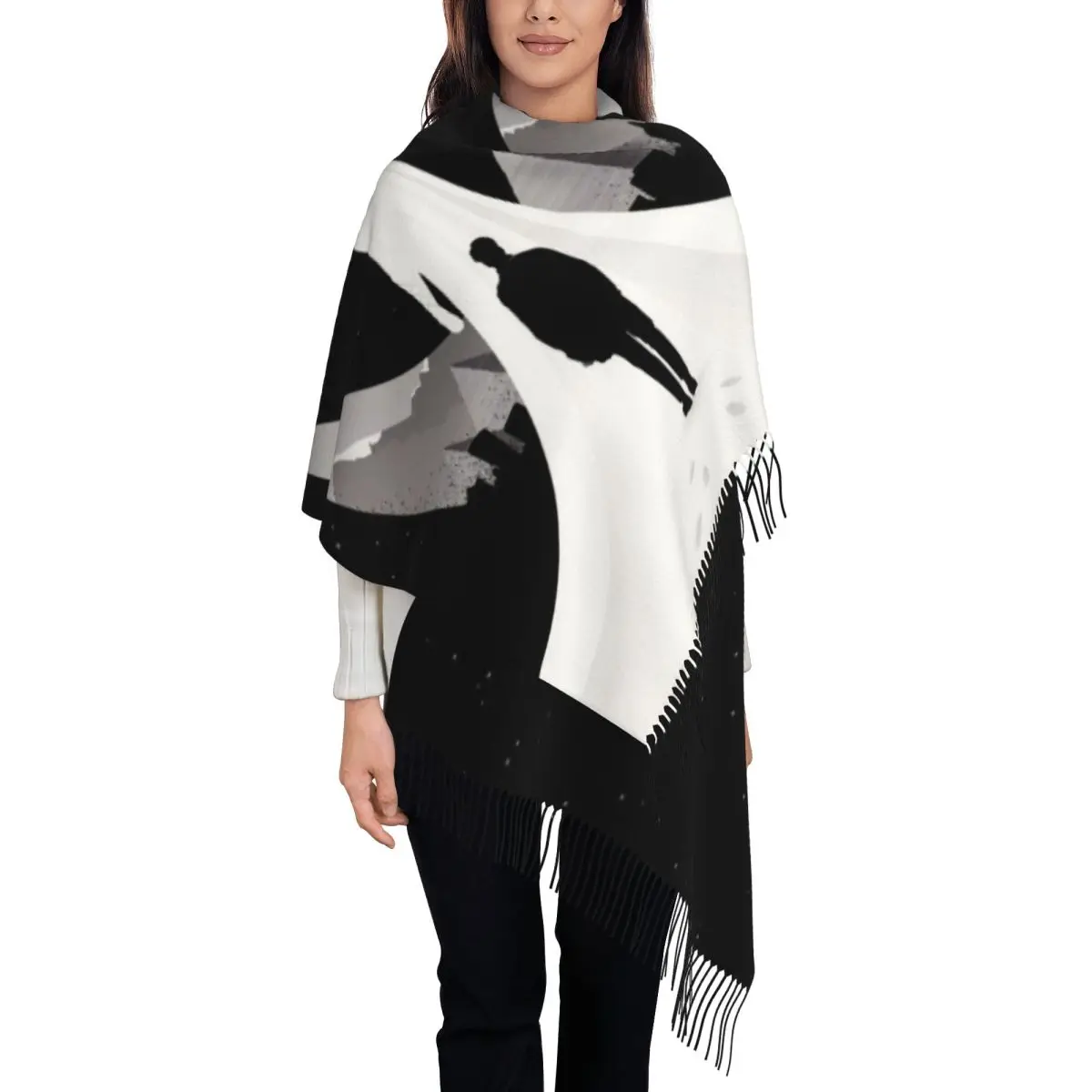 مخصص الإناث طويلة القمر فارس الفيلم الأوشحة النساء الشتاء لينة الدافئة شرابة شال التفاف وشاح