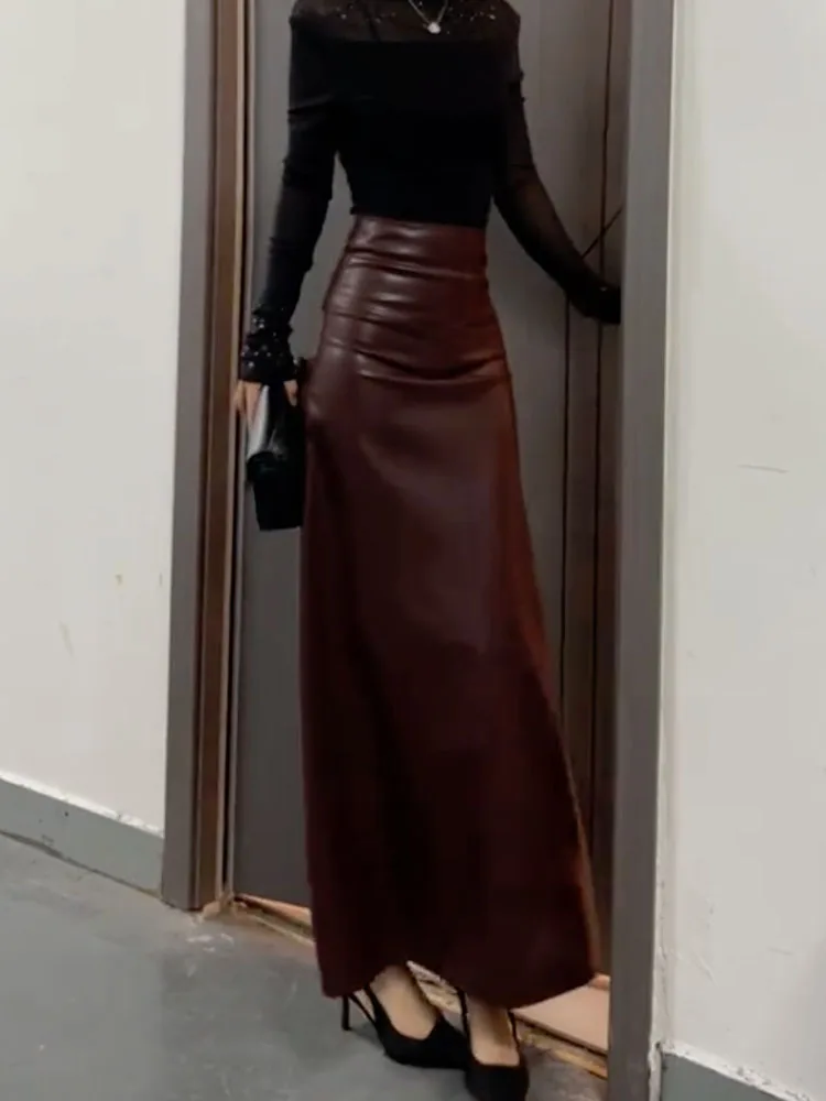 

Женская юбка из искусственной кожи с высокой талией, с разрезом, осенне-зимняя, новая, струящаяся, кофейного цвета, средней длины
