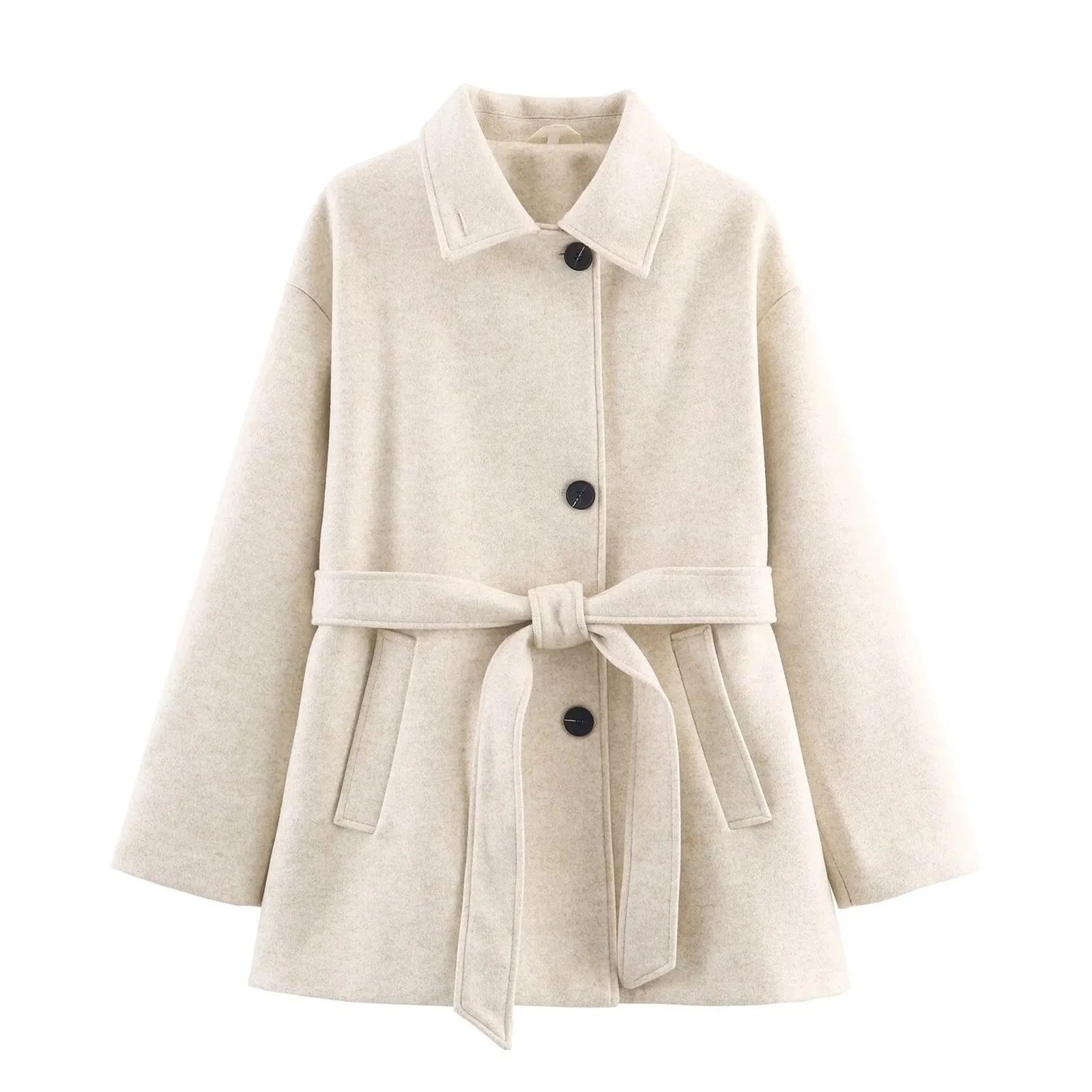 

Autumn/Winter Women's Clothing Solid Color Lapel Single-Breasted Belted Woolen Coat Elegant Commuter Style Outwear
