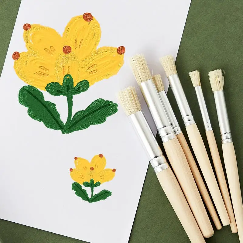 6-pack Wooden Handle Hard Hair Set Paint Brush Pier Pen Piggy Mane Oil Painting Brush Round Head Professional Art Cleaning Brush