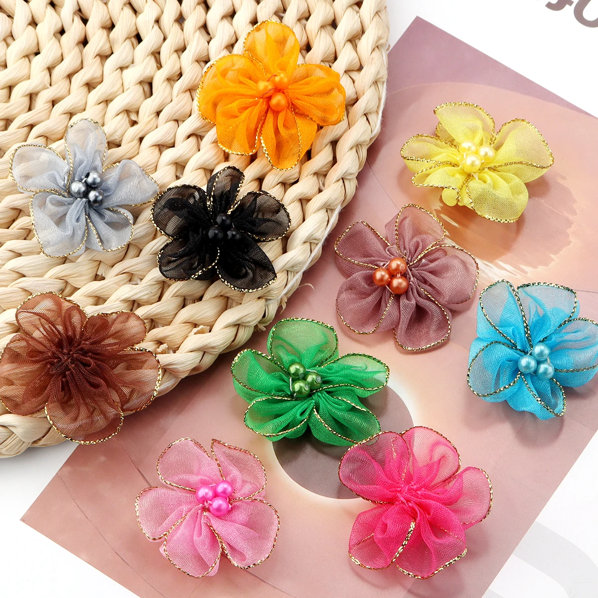 20pcs/pack Snow Gauze Fabric Flower Gold Edge Handmade Plum Blossoms for DIY Clothing Decoration Sewing Applique Accessories